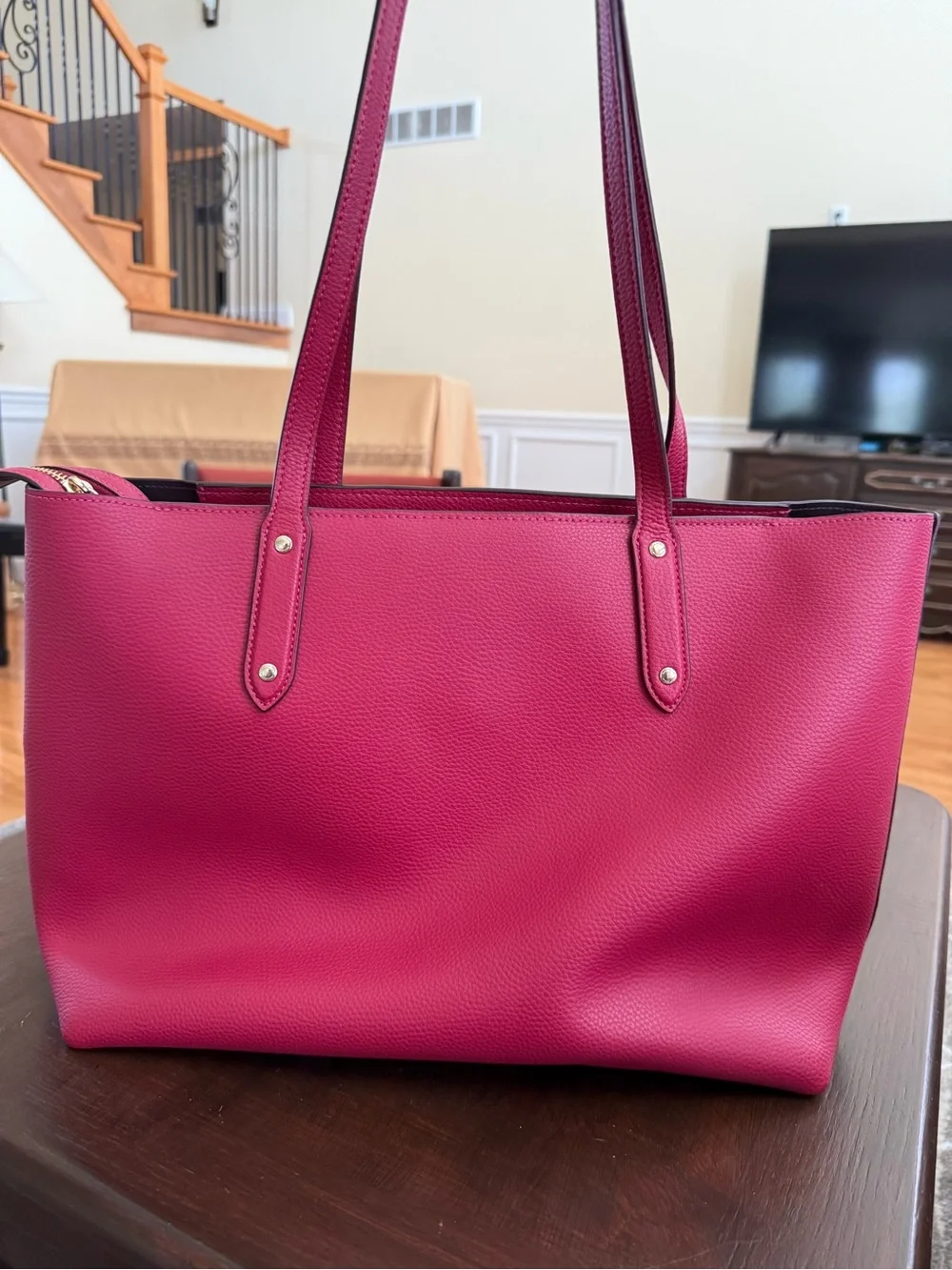 Coach Fuchsia Pebbled Leather Tote with Shoulder Straps